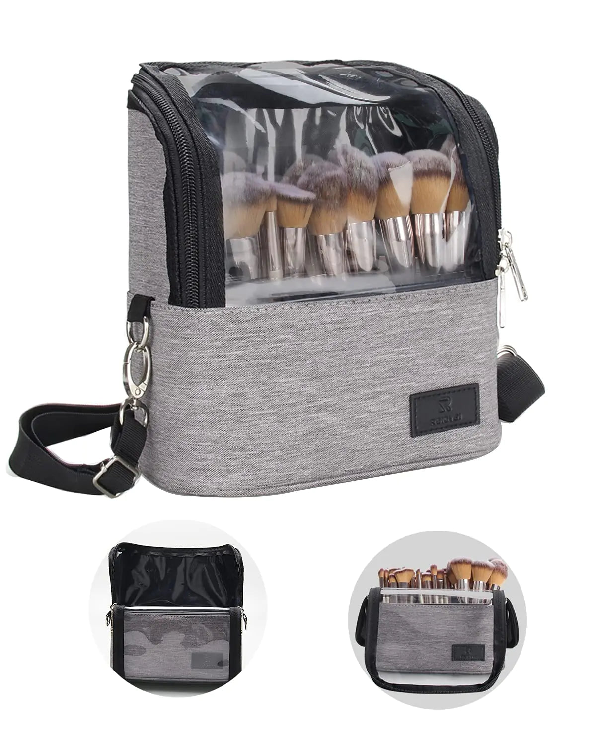 Makeup Brush Case Makeup Brush Holder Travel Makeup Bag for Women Stand-up Brush Cosmetic Bags Professional Makeup Artist Storage Organizer with Shoulder Starp and Adjustable Dividers