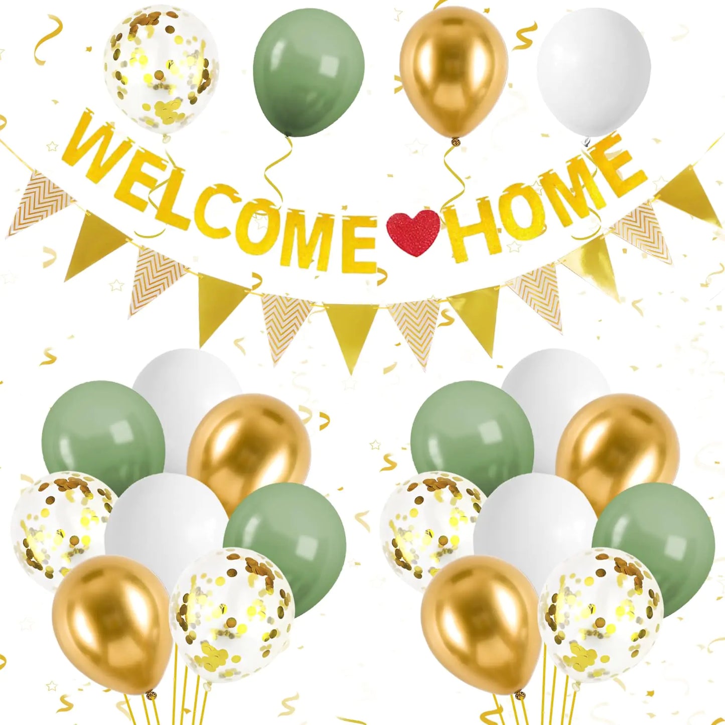 Welcome Home DecorationsGreen Gold Welcome Home Balloons Banners SetWelcome Home Glitter Banner with Confetti BalloonsPennant Flag Bunting for Home Family Baby Shower Welcome Back Party Supplies