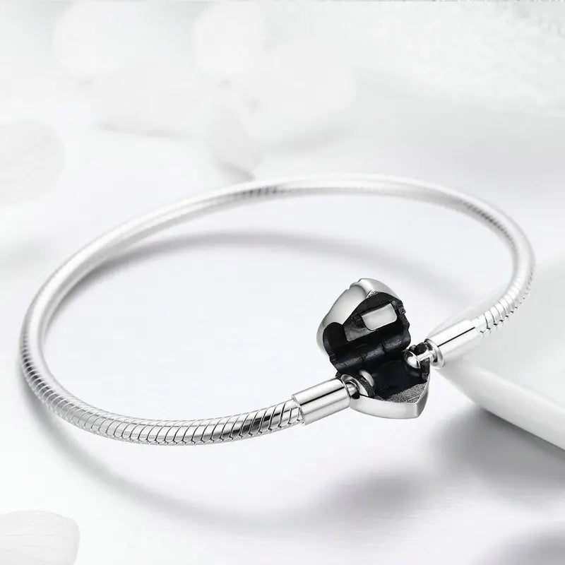 S925 Silver Bracelet with Heart Charm and Snake Chain