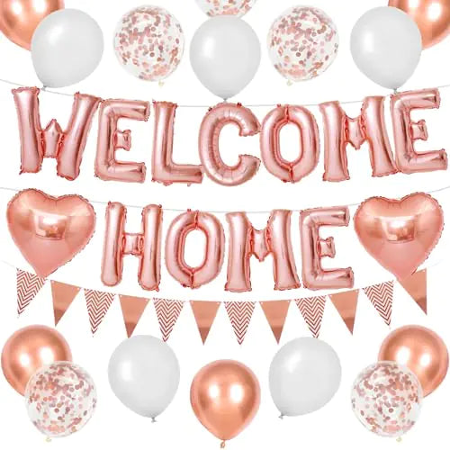 Welcome Home Decorations Rose GoldWelcome Home Foil Balloon Banner with Rosegold Heart Balloons Pennant Flag Bunting for Baby Shower Home Family Party Supplies
