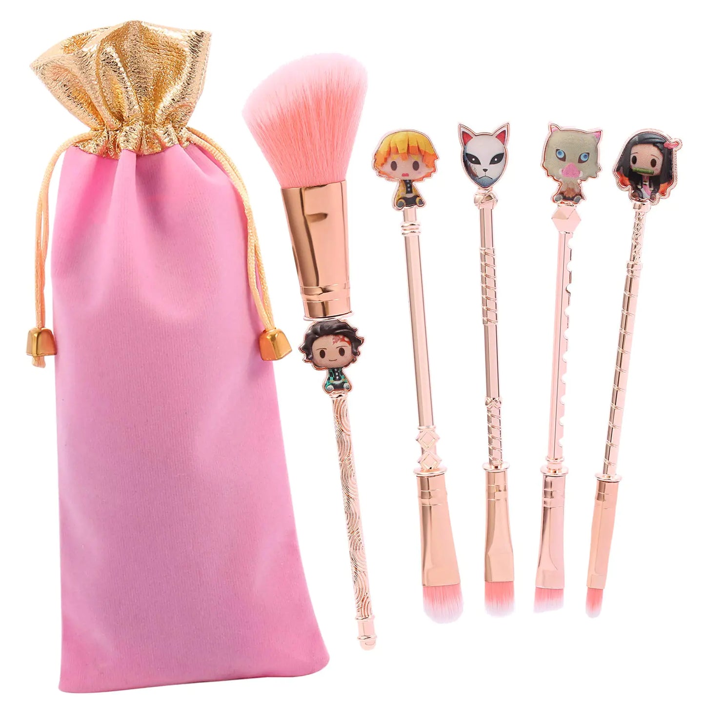 Demon Anime Makeup Brushes Set - 5pcs Kimetsu noyaiaba Peripheral Makeup Brushes Nezuko Tanjirou Metal Handle Makeup Tools Gift for Fans Pink