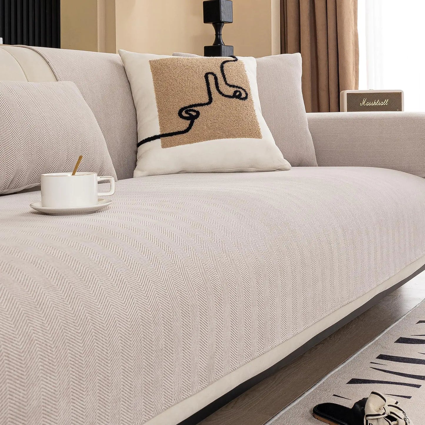 MDSASFD Chenille Sectional Sofa Couch Covers Herringbone Couch Sofa Covers Washable for Dogs Funny Fuzzy Couch Covers for Sofa Non Slip Protector for L Shaped(Beige Brown 36"x 94")