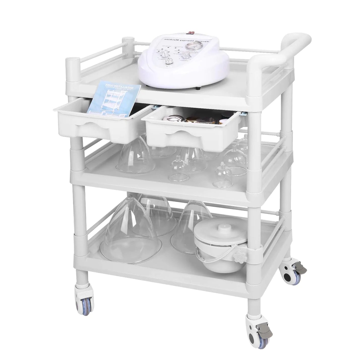 Beauty Salon Trolley Cart Esthetician Cart with Wheels & Bucket and 2 Big Drawer 3 Tier Heavy Duty SPA Cart Load 330lbs 360° Rotate Silent Wheels for Beauty Salon SPA Hospital Office Lab Cart