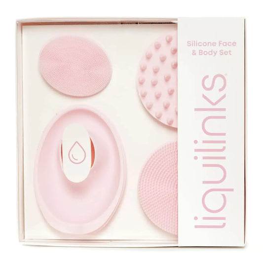 LiquiLinks Skincare Essentials Kit - 4 Piece Bundle Pack - Face and Body Silicone Spa Accessory - Essential Beauty Set for Teen Girls Blush Pink