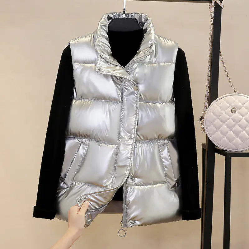 Women's Shiny Down Cotton Vest with Stand Collar