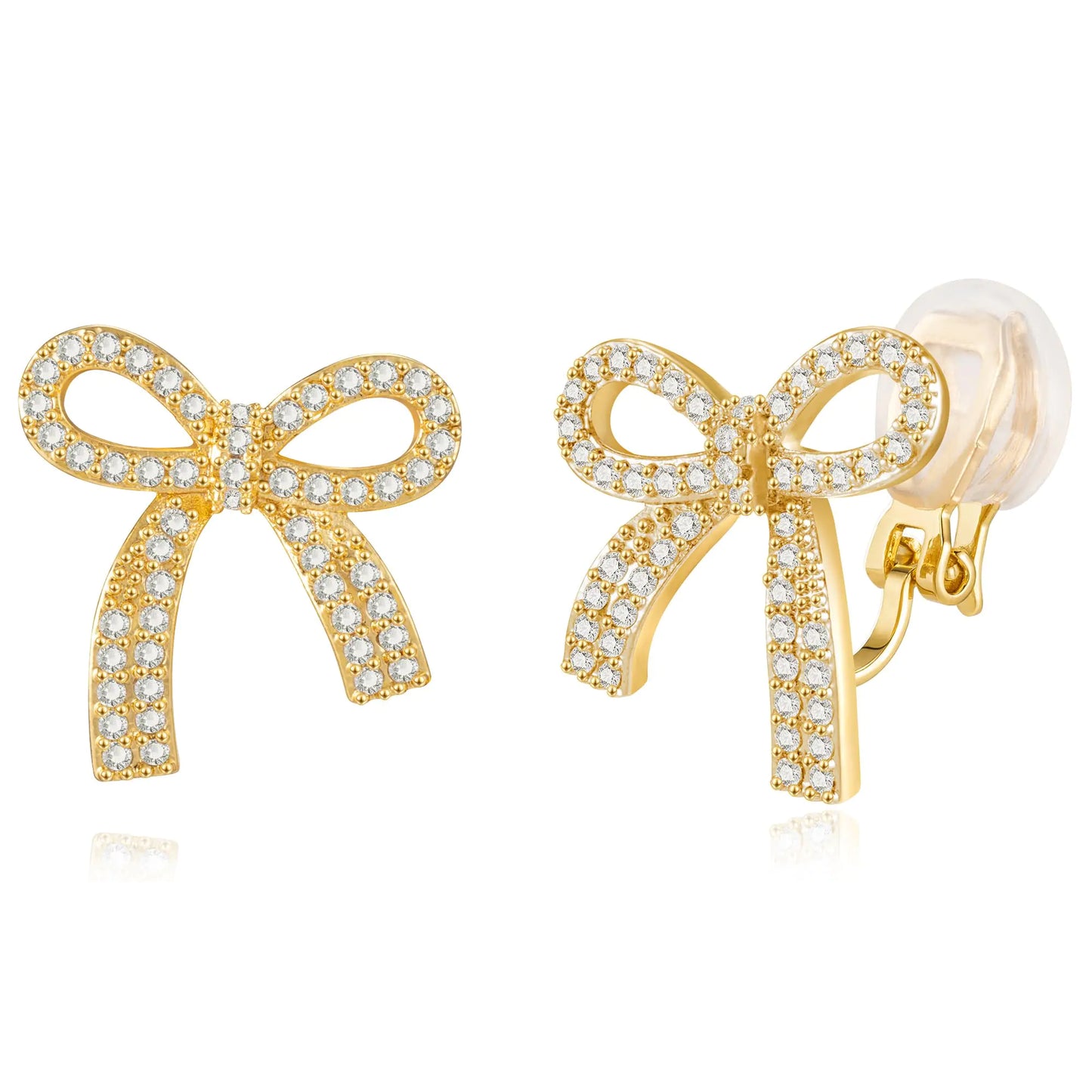 XGALBLA Gold tone Bow Clip on Earrings for Women Trendy Sparkly Cubic Zirconia Bow Clip on Earrings Prom Wedding Party Dress Jewerly Stocking Stuffers for Women Christmas Gifts