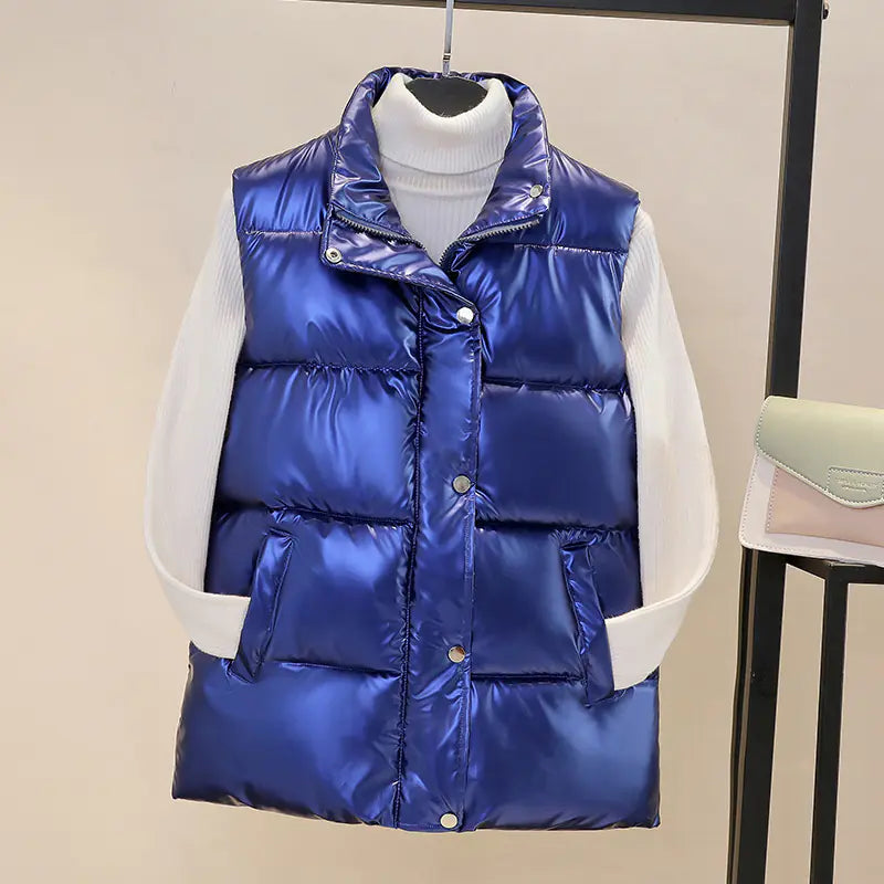 Women's Shiny Down Cotton Vest with Stand Collar