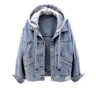 Women's Loose Fit Denim Jacket with Hood and Pockets
