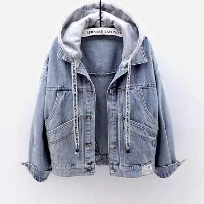 Women's Loose Fit Denim Jacket with Hood and Pockets