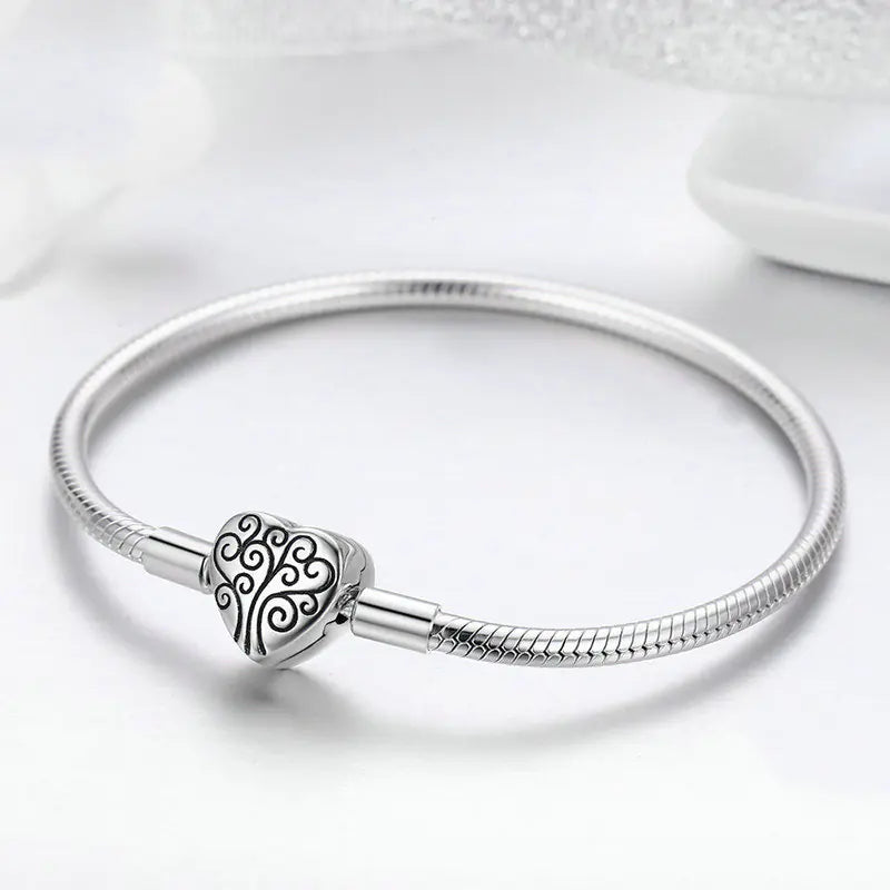 S925 Silver Bracelet with Heart Charm and Snake Chain