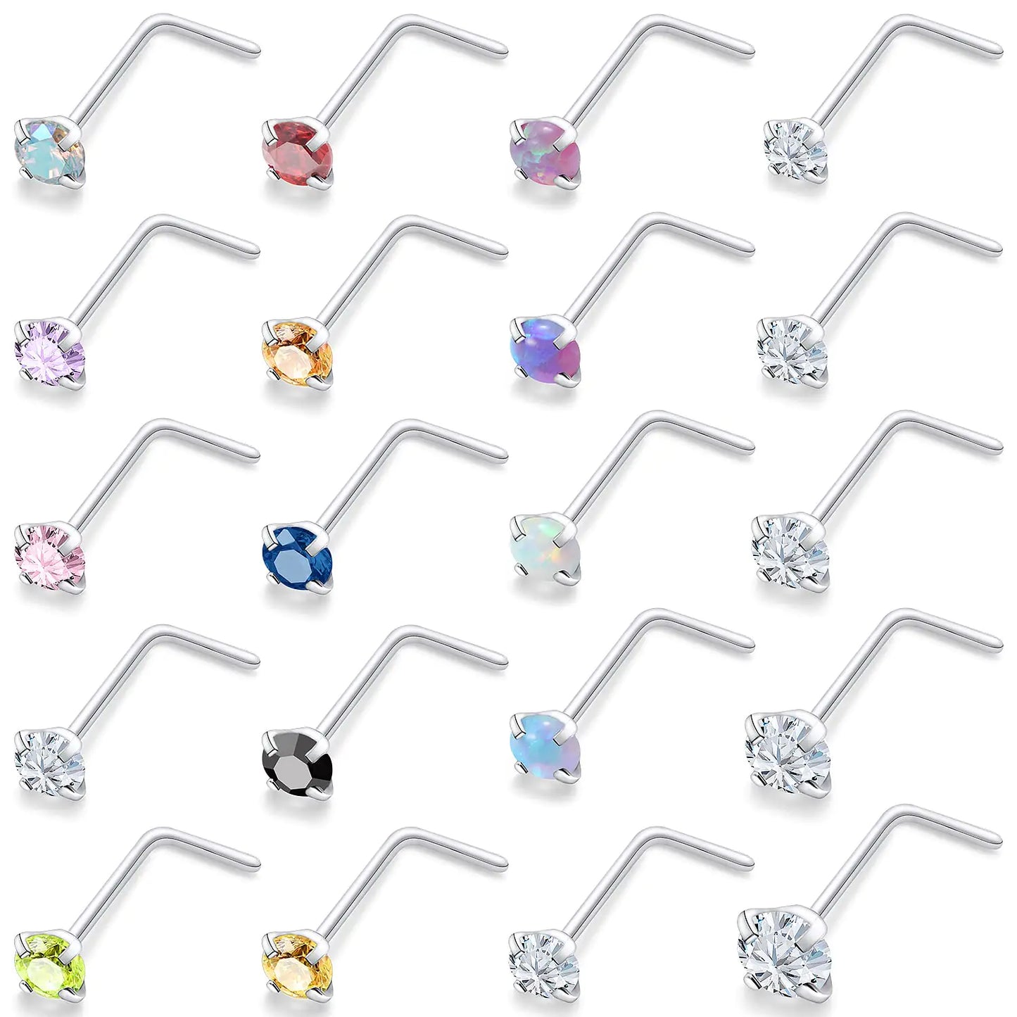 Vsnnsns 20G Nose Rings Studs for Women L Shaped Nose Rings Studs Piercing Stainless Steel Opal Nose Rings Studs Diamond CZ 1.5mm 2mm 2.5mm 3mm Nostrial Piercing Jewerly for Women Men Silver 20 Gauge