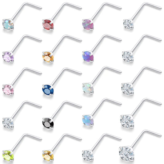 Vsnnsns 20G Nose Rings Studs for Women L Shaped Nose Rings Studs Piercing Stainless Steel Opal Nose Rings Studs Diamond CZ 1.5mm 2mm 2.5mm 3mm Nostrial Piercing Jewerly for Women Men Silver 20 Gauge